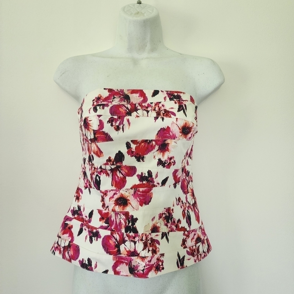 White House Black Market Pink and Red Cottage Floral Print Pleated Corset Sz 4